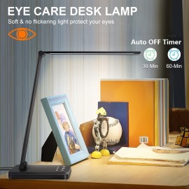 LED Desk Lamp Table Lamp Reading Lamp With USB Charging Port 5 Lighting Modes 5 Brightness Levels, Sensitive Control, 30/60 Min Auto Timer, Eye-Caring Office Lamp