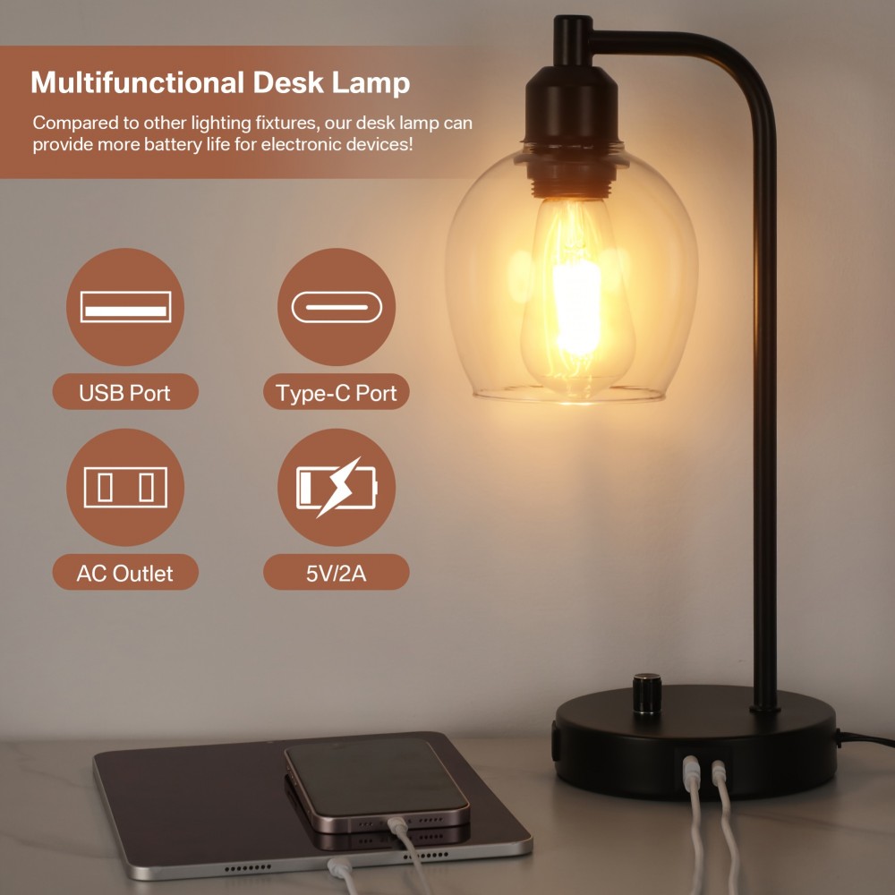 Hemispherical glass cover knob dimming desk lamp, black, US standard, knob dimming, with USB + type-C charging port, with dimmable E26 bulb