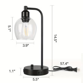 Hemispherical glass cover knob dimming desk lamp, black, US standard, knob dimming, with USB + type-C charging port, with dimmable E26 bulb