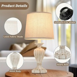 27.5'' Farmhouse Table Lamps Set Of 2, Rustic Bedroom Lamps For Nightstand With Dual USB Charging, White Traditional Bedside Desk Lamps With Vintage Beige Fabric Shade For Living Room