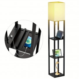 Shelf Floor Lamp Bult-in A USB Port, A Type C Port, A Power Outlet And A Bulb