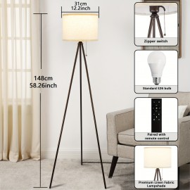 Tripod Traditional Floor Lamp, Adjustable Brightness, 3-color Temperature, Remote Control And Zipper Switch, Linen Lampshade, Suitable For Living Room, Bedroom, Study, And Office