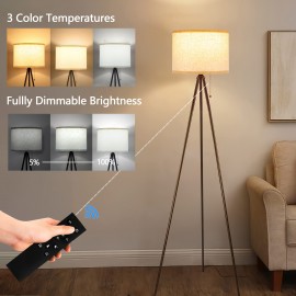 Tripod Traditional Floor Lamp, Adjustable Brightness, 3-color Temperature, Remote Control And Zipper Switch, Linen Lampshade, Suitable For Living Room, Bedroom, Study, And Office