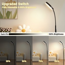 Adjustable LED Floor Lamp with Dimmable Brightness - 3 Color Modes (3000K-6000K), 10 Levels, Metal Stand for Living Room, Office, Bedroom - USB Powered, Black