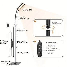 Adjustable LED Floor Lamp with Dimmable Brightness - 3 Color Modes (3000K-6000K), 10 Levels, Metal Stand for Living Room, Office, Bedroom - USB Powered, Black