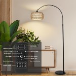 Black Floor Lamps For Living Room, Arc Floor Lamp With Remote & Dimmable Bulb, Boho Rattan Standing Lamp With 3 Color Temperatures, Height Adjustable Tall Lamp For Bedroom, Over Couch Reading Lamp