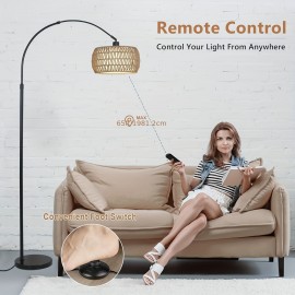 Black Floor Lamps For Living Room, Arc Floor Lamp With Remote & Dimmable Bulb, Boho Rattan Standing Lamp With 3 Color Temperatures, Height Adjustable Tall Lamp For Bedroom, Over Couch Reading Lamp