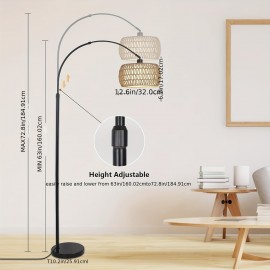 Black Floor Lamps For Living Room, Arc Floor Lamp With Remote & Dimmable Bulb, Boho Rattan Standing Lamp With 3 Color Temperatures, Height Adjustable Tall Lamp For Bedroom, Over Couch Reading Lamp