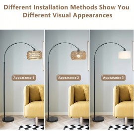 Black Floor Lamps For Living Room, Arc Floor Lamp With Remote & Dimmable Bulb, Boho Rattan Standing Lamp With 3 Color Temperatures, Height Adjustable Tall Lamp For Bedroom, Over Couch Reading Lamp