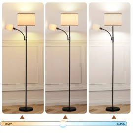 Fabric Double-head Floor Lamp, Linen, With 1 E26 Bulb And 1 E12 Bulb