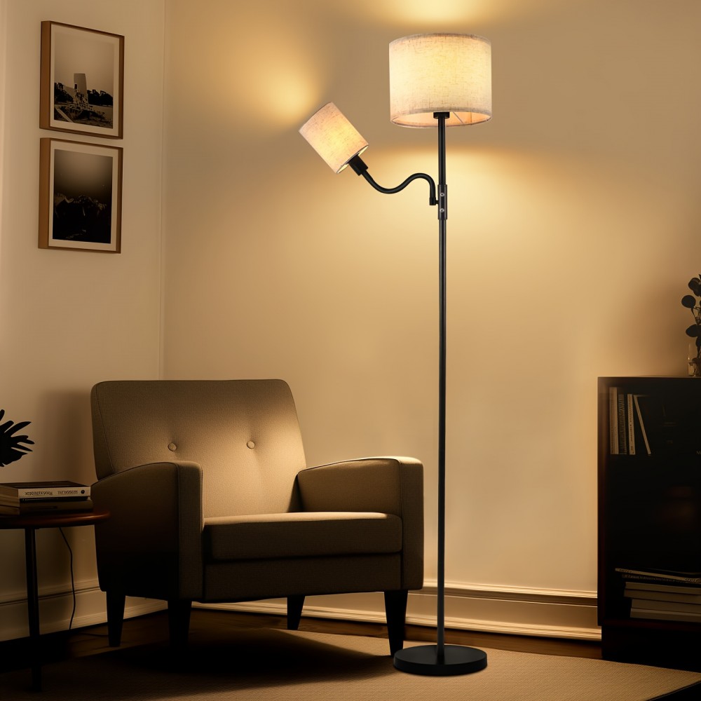 Fabric Double-head Floor Lamp, Linen, With 1 E26 Bulb And 1 E12 Bulb