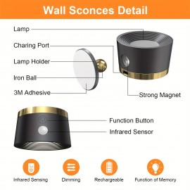 2Pcs Motion Sensor Wall Light - Indoor Rechargeable Battery Operated LED Wall Lamp with 360° Rotation, 3 Color Temperatures, Wireless, for Bedroom, Study, Corridor, Picture