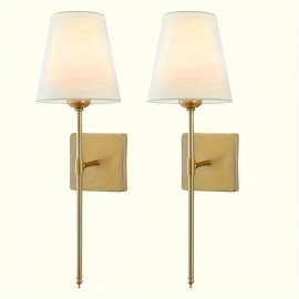 Golden Vintage Industrial Wall Sconce 2-Pack, Semi Flush Mount Linen Lamp Shade Wall Lamp, Retro Hardwired Sconce Lighting Fixture for Bedroom, Living Room, Kitchen, Bathroom Without Bulbs