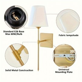 Golden Vintage Industrial Wall Sconce 2-Pack, Semi Flush Mount Linen Lamp Shade Wall Lamp, Retro Hardwired Sconce Lighting Fixture for Bedroom, Living Room, Kitchen, Bathroom Without Bulbs