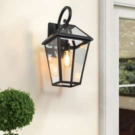 Rustic Outdoor Wall Lantern, Black Finish With Clear Glass Panels, Weather-Resistant Exterior Light Fixture For Porch, Patio, And Entryway, Compatible With E26 Base Bulbs