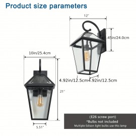 Rustic Outdoor Wall Lantern, Black Finish With Clear Glass Panels, Weather-Resistant Exterior Light Fixture For Porch, Patio, And Entryway, Compatible With E26 Base Bulbs