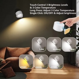 Modern 360° Rotatable LED Wall Sconce with 3 Brightness Levels and Color Modes - Dimmable USB Powered Touch Control Downlight for Bedroom, Dorm Room - Rechargeable Battery Included - Freestanding or Wall Mount