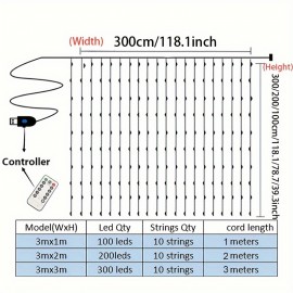 Enchanting LED Fairy Curtain Lights - USB Powered with Remote Control, Perfect for Christmas, Valentine's Day, Weddings & Seasonal Decor, Available in 3 Sizes (9.84ft x 3.28ft/6.56ft/9.84ft)