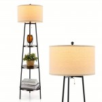 Shelf Floor Lamp w/ Shelves ＆ Linen Lampshade for Living Room Bedroom Office