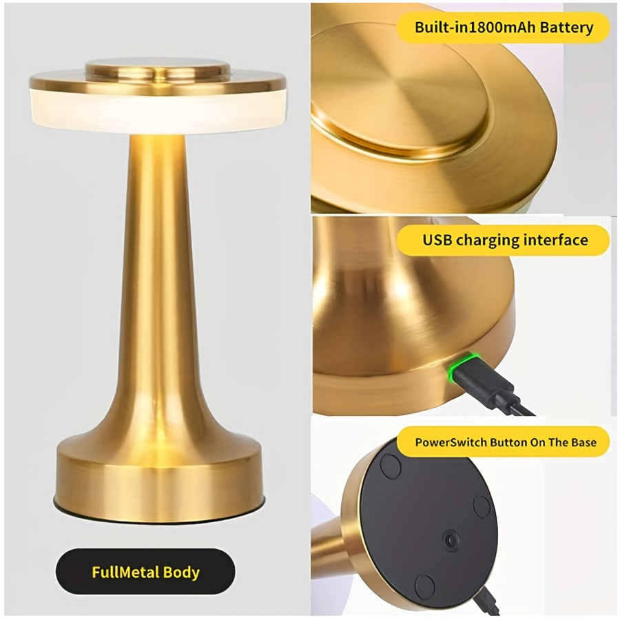 portable metal led desk lamp 3 colors touch sensor control rechargeable desk lamp 3 brightness levels bedside lamp night light dining room lamp desk lamp for room decor golden details 0