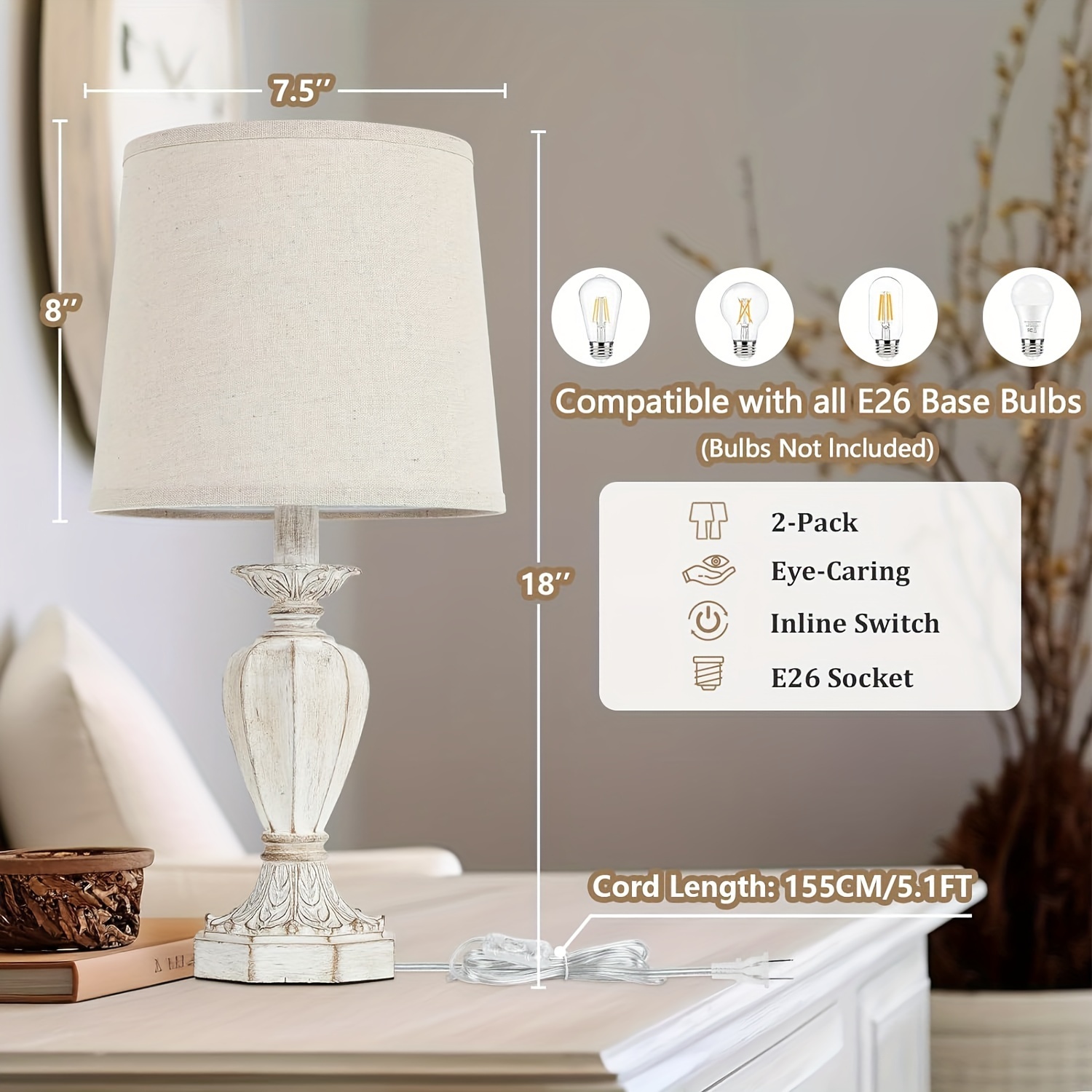 27 5 farmhouse table lamps set of 2 rustic bedroom lamps for nightstand with dual usb charging white traditional bedside desk lamps with vintage beige fabric shade for living room details 2