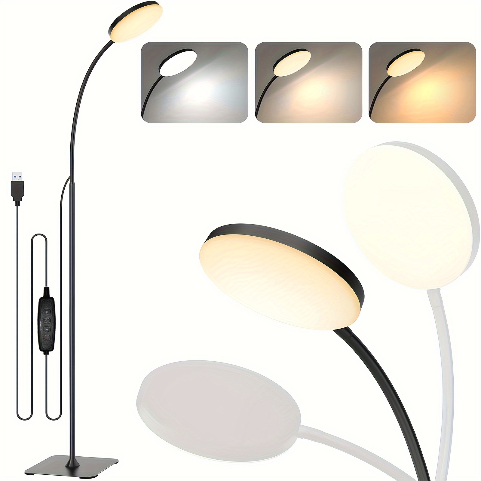 modern led floor lamp with adjustable gooseneck 3 color temperature modes 300k 6000k button control usb power suitable for reading decorating living room bedroom details 0