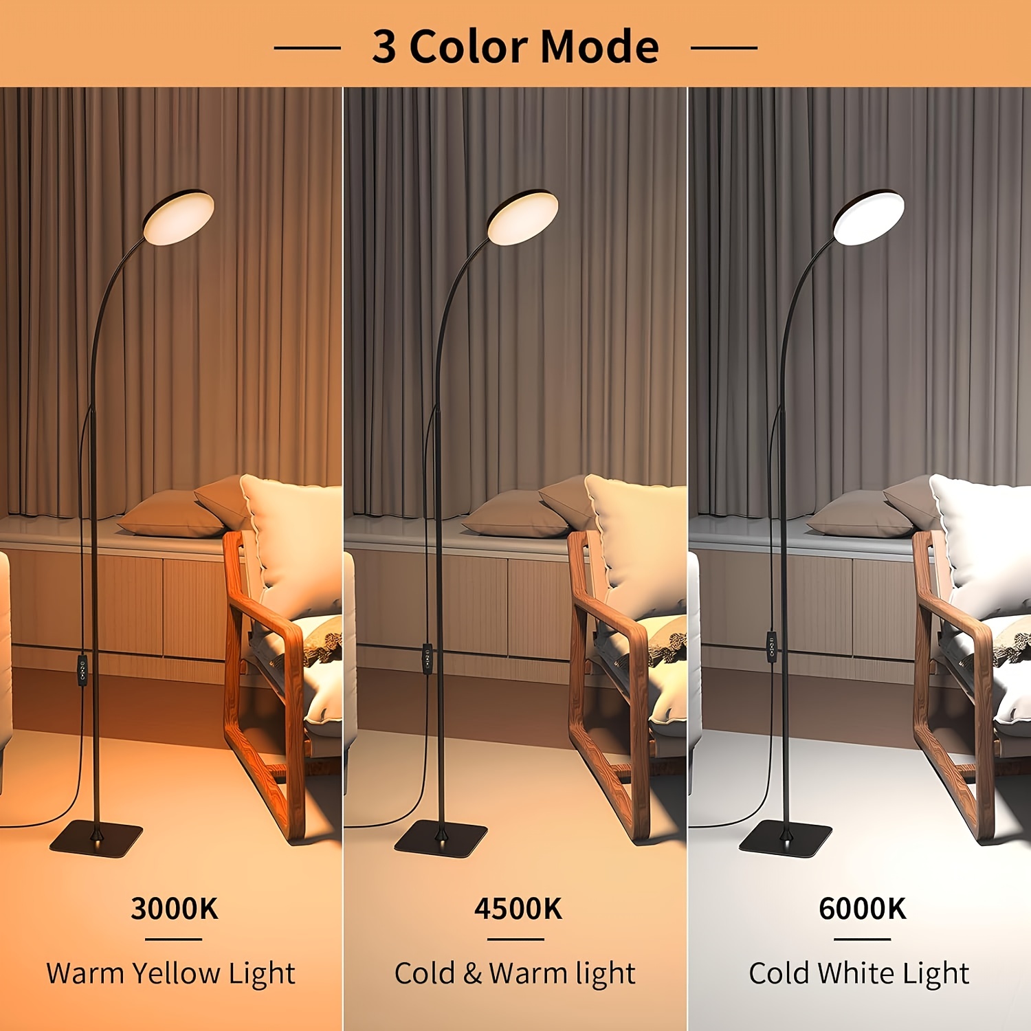 modern led floor lamp with adjustable gooseneck 3 color temperature modes 300k 6000k button control usb power suitable for reading decorating living room bedroom details 6