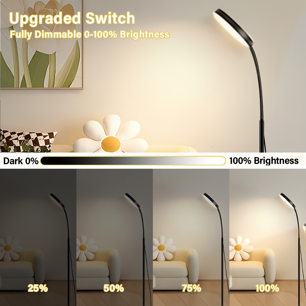 adjustable led floor lamp with dimmable brightness 3 color modes 3000k 6000k 10 levels metal stand for living room office bedroom usb powered black details 1