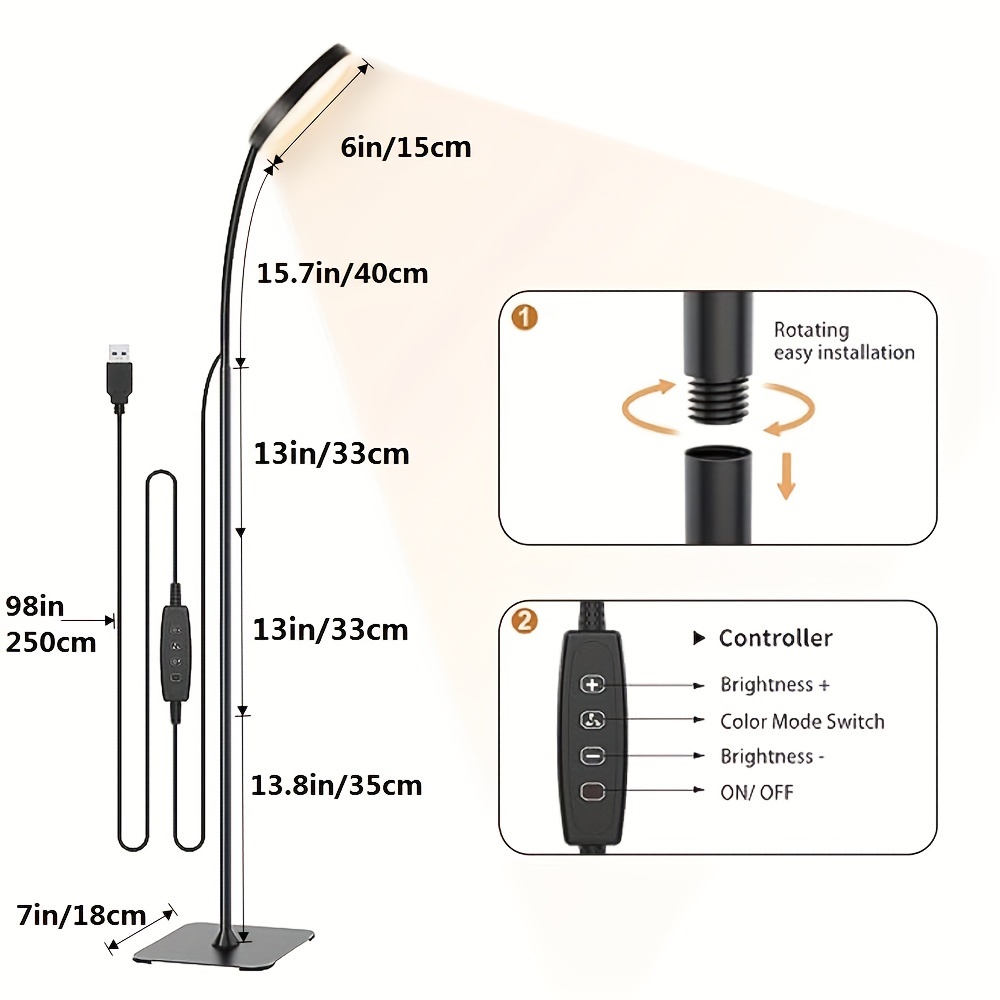 adjustable led floor lamp with dimmable brightness 3 color modes 3000k 6000k 10 levels metal stand for living room office bedroom usb powered black details 2