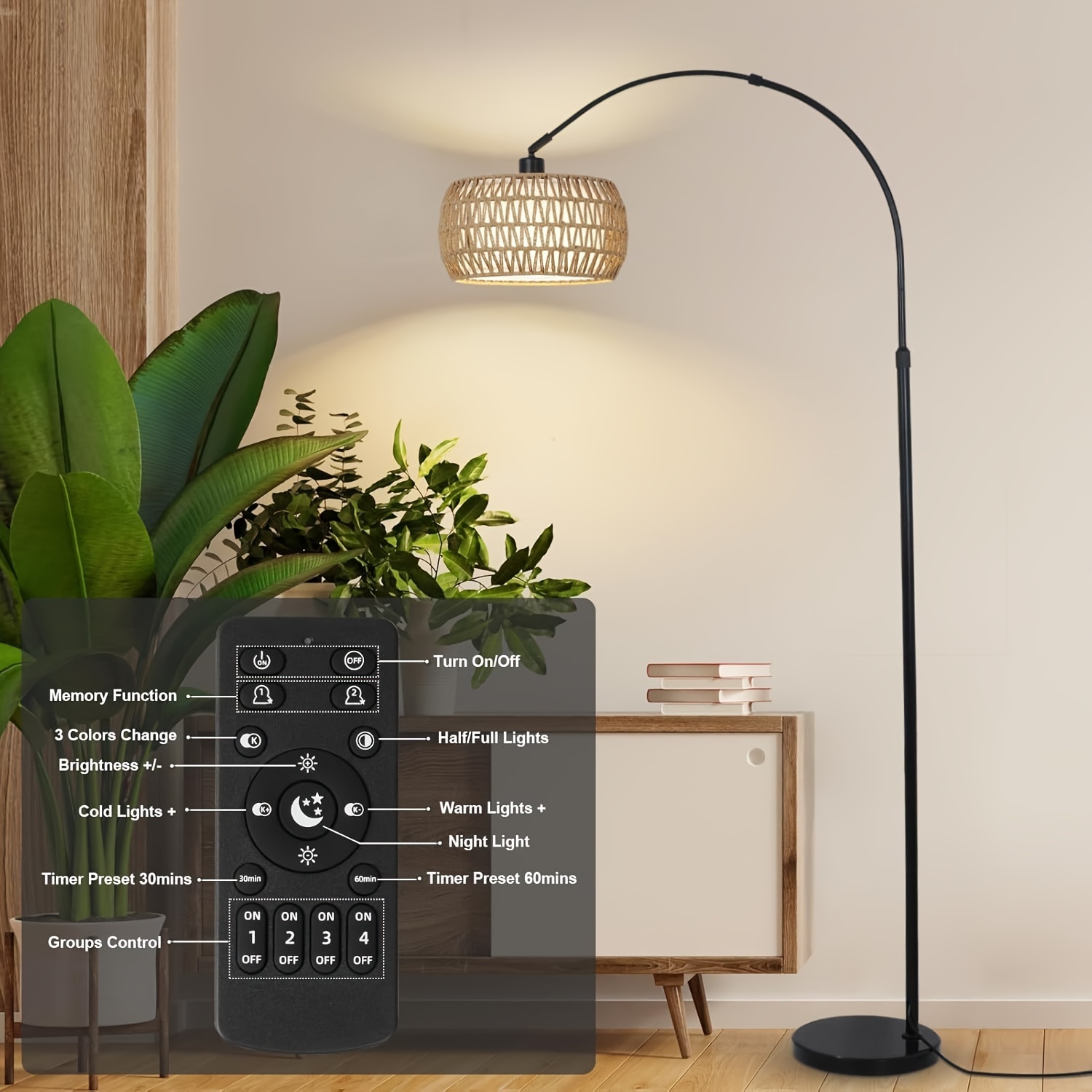 black floor lamps for living room arc floor lamp with remote dimmable bulb boho rattan standing lamp with 3 color temperatures height adjustable tall lamp for bedroom over couch reading lamp details 0