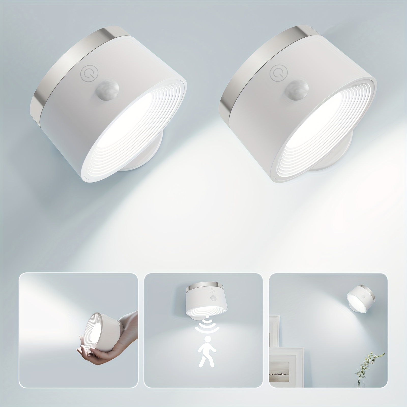 motion sensor wall light indoor 2pcs rechargeable battery operated led wall light wall lamp wireless with 360 rotation 3 color temperatures for bedroom study corridor picture details 0