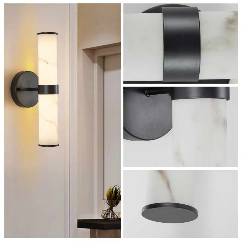 resin imitation marble texture wall light with black iron metal frame set of 2   fixtures for hallways bathrooms and bedrooms only indoor details 7