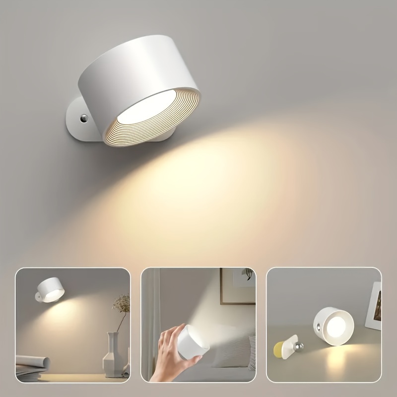 modern 360 rotatable led wall sconce with 3 brightness levels and color modes dimmable usb powered touch control downlight for bedroom dorm room rechargeable battery included freestanding or wall mount details 1