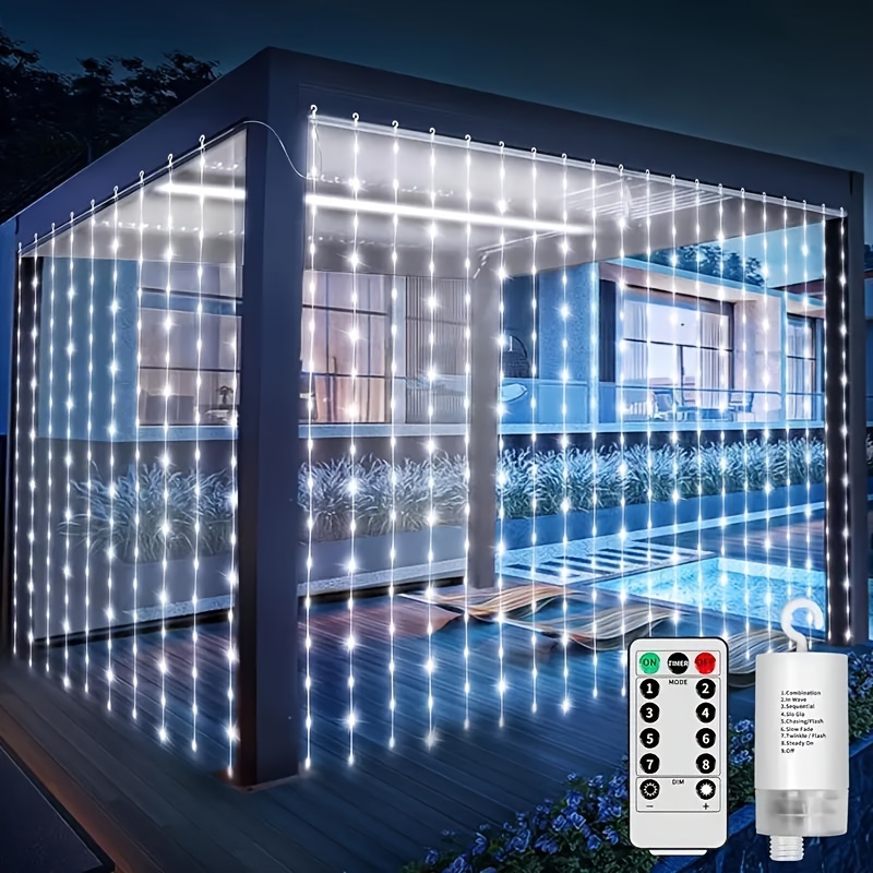 upgraded battery box for curtain lights 20 10ft outdoor 600led fairy waterfall light with 8 modes capable of flashing fairy lights at regular intervals suitable for occasions such as christmas terraces parties weddings wooden sheds etc details 1