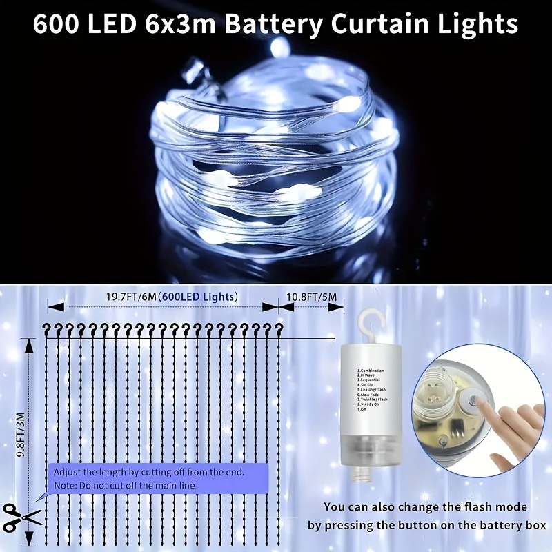 upgraded battery box for curtain lights 20 10ft outdoor 600led fairy waterfall light with 8 modes capable of flashing fairy lights at regular intervals suitable for occasions such as christmas terraces parties weddings wooden sheds etc details 4